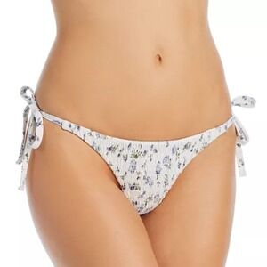 AQUA Swim White Blue Floral Print Side Tie Smocked String Bikini Bottom Large